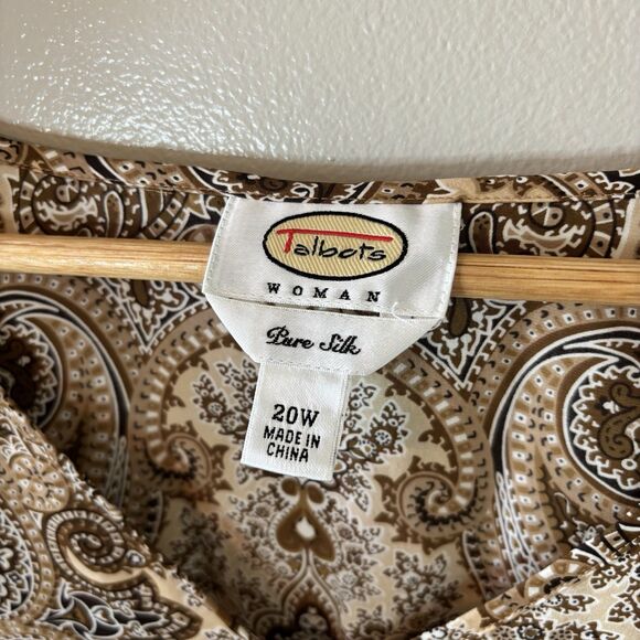 Talbots 100% Silk Blouse Brown Paisley Long Sleeve Wrap Top Sz 20W - Picture 3 of 9